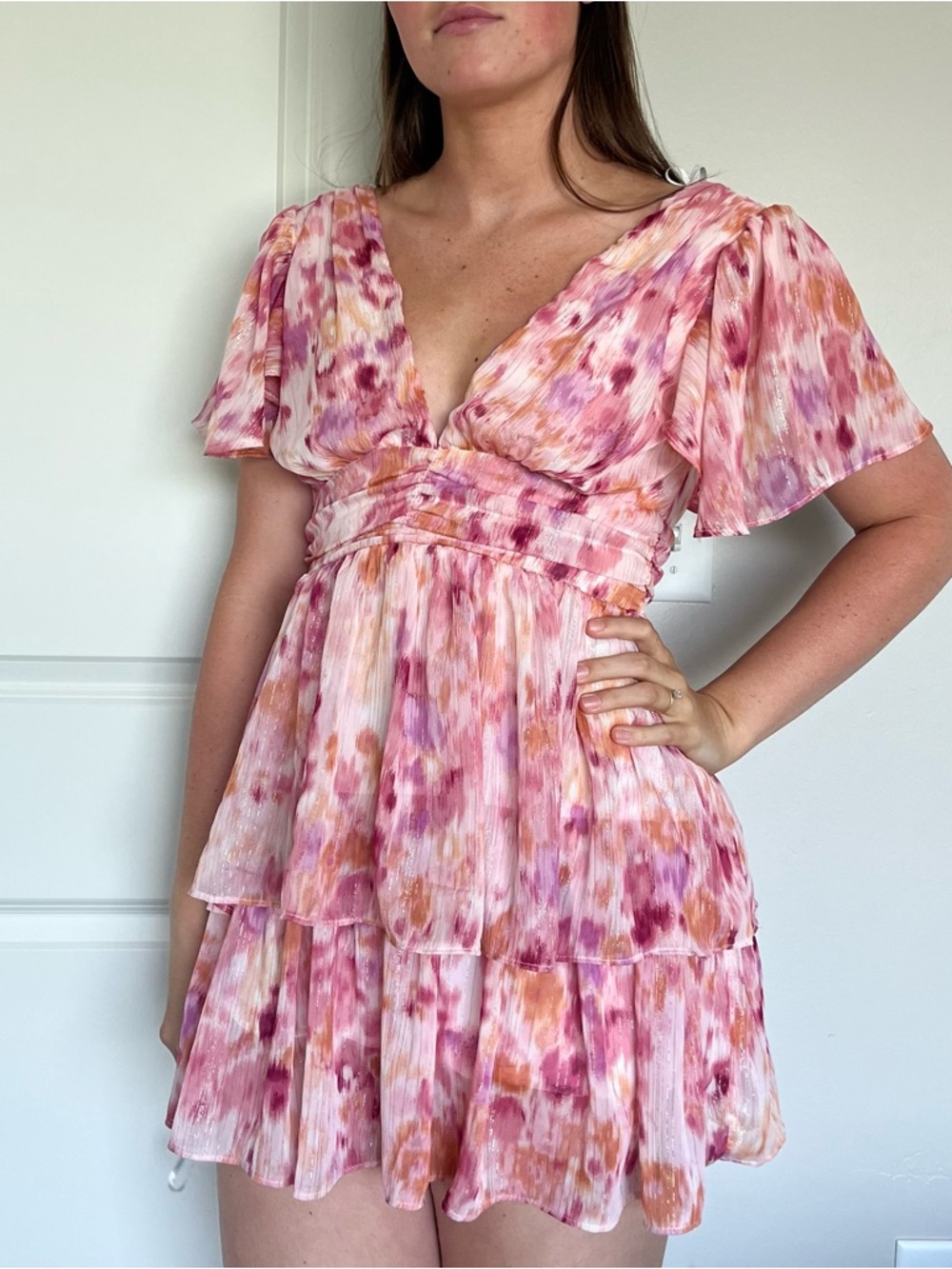 Lulu's Pink & Peach Multi Lurex Chiffon Flutter Sleeve Mini Dress